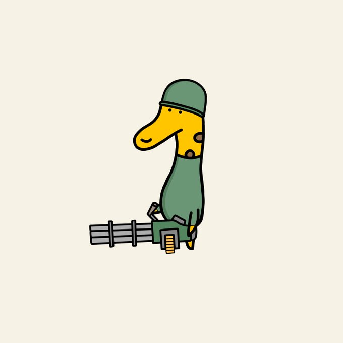 A cartoon giraffe wearing a green military helmet and holding a minigun, fitting the post's humorous theme of being ready for action as a new profile picture.