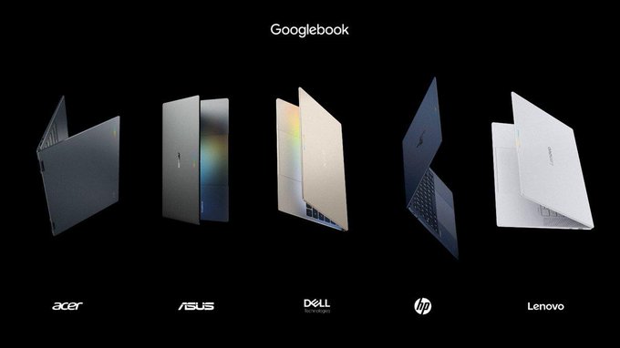 The image showcases five laptops from various brands—Acer, ASUS, Dell, HP, and Lenovo—each labeled as "Googlebook," highlighting Google's collaboration with multiple manufacturers for its new laptop series. The dark background emphasizes the sleek, modern designs of the devices, aligning with the announcement of Google's latest product launch.