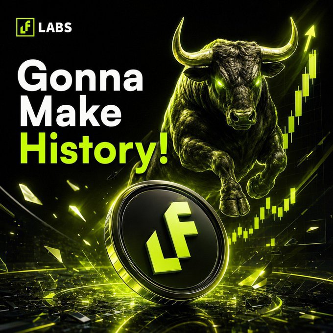 A bold promotional graphic for LF Labs (LF LABS) features a glowing green bull charging forward alongside a rising candlestick chart, with an LF token coin and the text "Gonna Make History!" displayed prominently—visually echoing the poster's bullish 250X price prediction and hope for Binance and Coinbase listings.