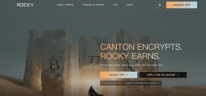A website screenshot for 'ROCKY' displays the headline 'CANTON ENCRYPTS. ROCKY EARNS.' with navigation links like 'HOW IT WORKS' and 'TRADING IS MINING' overlaid on a desert background with stone carvings.
