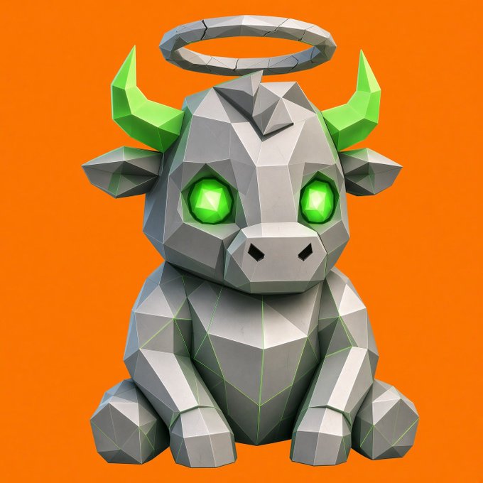 A 3D-rendered gray polygonal baby bull with glowing green eyes, green horns, and a gray halo, sitting against a solid orange background.