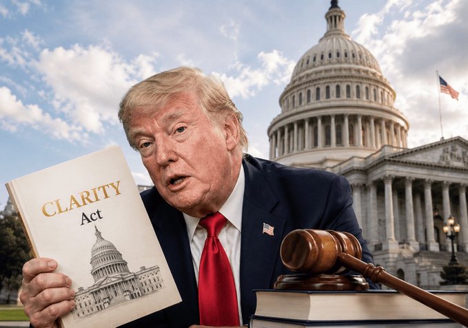 Donald Trump holds up a book titled "CLARITY Act" in front of the U.S. Capitol building, symbolizing the proposed legislation and ongoing discussions around crypto regulation. This image relates to the post by highlighting the failed CLARITY Act and the current regulatory meetings.