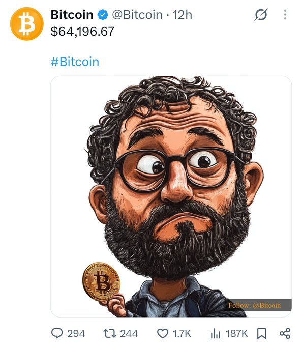A caricature illustration of a bearded man with glasses holding a Bitcoin coin, posted by the official @Bitcoin account showing the ticker at $64,196.67. The exaggerated cartoon styling invites speculation about whether it depicts Pi Network creator Dr. Nicolas Kokkalis, as suggested in the accompanying post.
