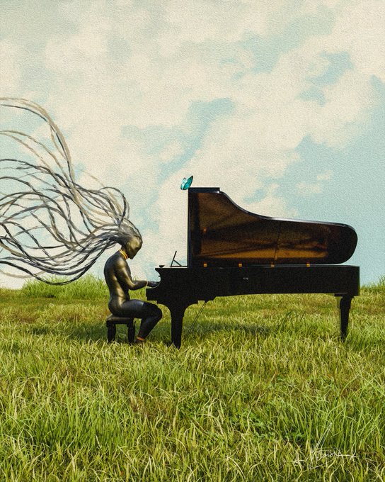 A surreal digital artwork depicting a silver humanoid figure with flowing, wind-swept hair playing a grand piano in a grassy field under a cloudy sky, with a blue butterfly perched atop the piano.