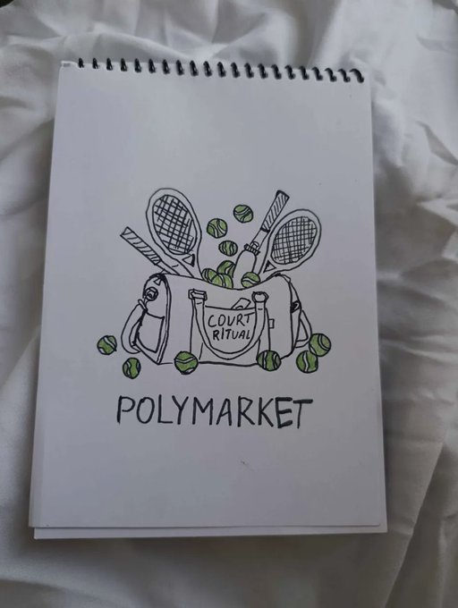 A hand-drawn sketch on a spiral notebook showing tennis rackets, a bag labeled 'COURT RITUAL', tennis balls, and the text 'POLYMARKET' below.