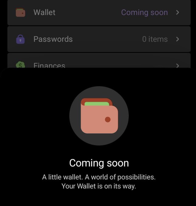 A dark-themed app menu shows options for Wallet (Coming soon), Passwords (0 items), and Finances, with a pop-up emphasizing 'Coming soon - A little wallet. A world of possibilities. Your Wallet is on its way.'