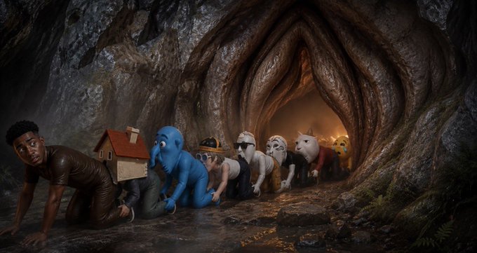 A diverse group of anthropomorphic characters—including a man in a brown outfit, a blue creature, a man with a doghouse on his back, sheep, and a dog—crawl nervously through a dark, cavernous tunnel toward a glowing exit, evoking a sense of cautious adventure. The image metaphorically captures the post's message about emerging opportunities in Solana's Real World Assets (RWAs), with the cautious crawling reflecting a hesitant market exploring the $3.6B ATH and rising onchain equity volume, while the illuminated tunnel ahead symbolizes the potential of buying xStocks on SOL.