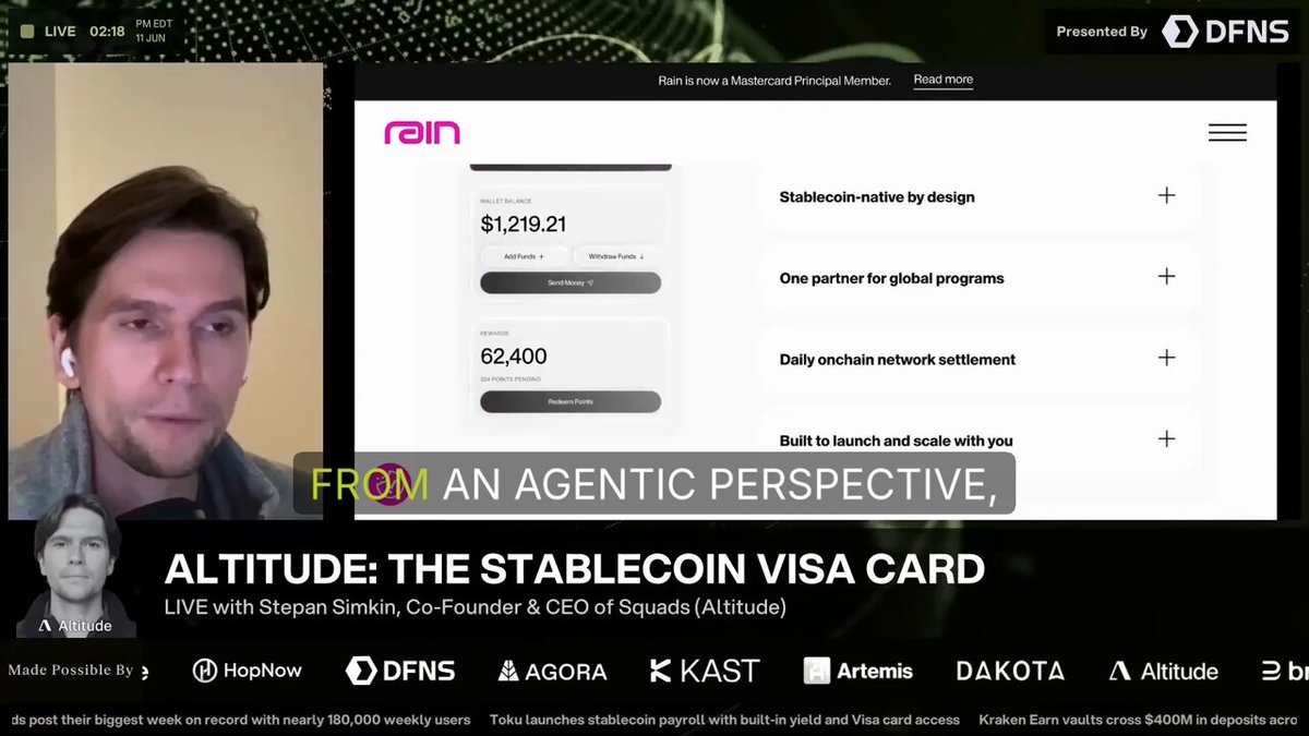 The image shows a man talking about an agentic perspective of the stablecoin visa card. The text in the image reads "From an agentic perspective, the Stablecoin Visa Card" which indicates that the discussion is related to the concept of a stablecoin and its use as a virtual currency for transactions.