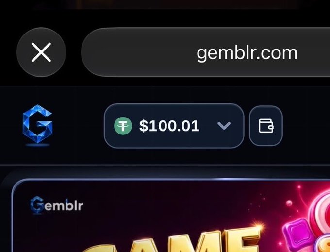 A mobile browser displays the Gemblr website with a balance of $100.01, tied to a social media promotion offering $50 for 10 new followers who sign up via the affiliate link. The screenshot visually demonstrates the type of crypto gambling platform being promoted in the tweet.