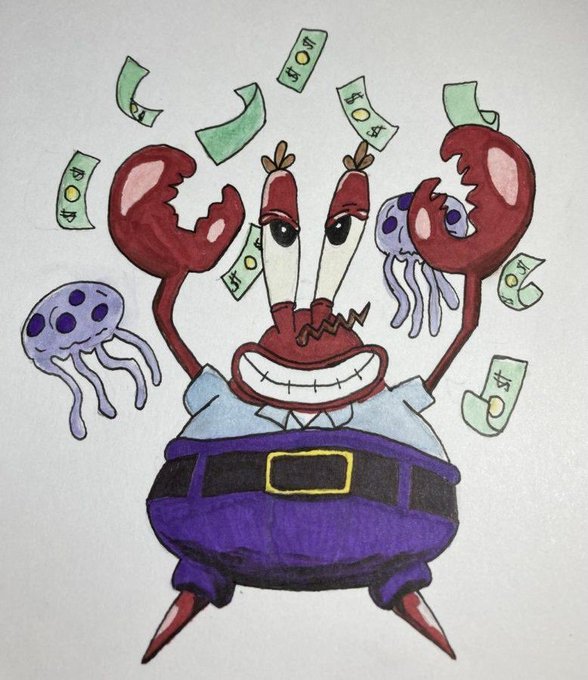 A colorful drawing depicts Mr. Krabs from SpongeBob SquarePants holding two purple jellyfish while surrounded by falling dollar bills.