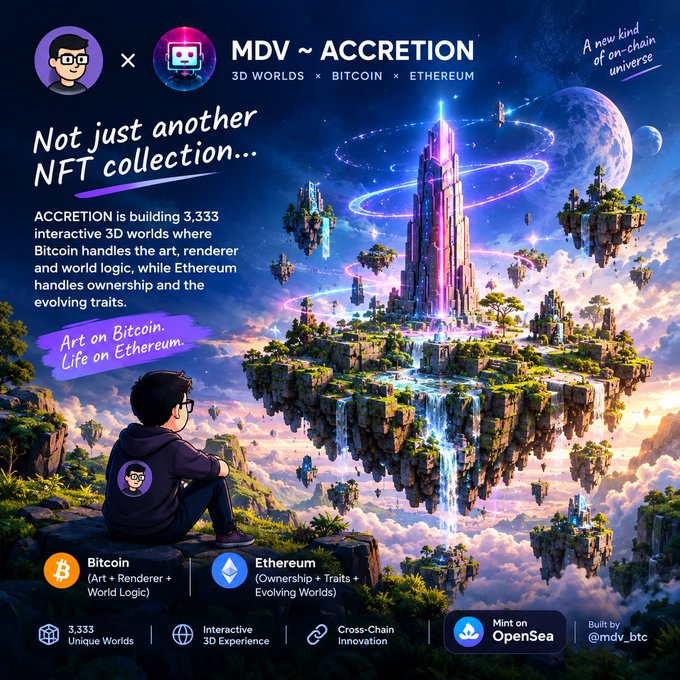 A promotional graphic for 'MDV ~ ACCRETION' NFT collection describing 3,333 interactive 3D worlds built on Bitcoin and Ethereum, featuring a person looking at floating futuristic islands.