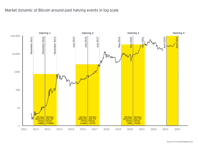 A line chart titled 'Market dynamic of Bitcoin around past halving events in log scale' showing Bitcoin's price history from 2011 to 2024, with halving events marked in 2012, 2016, 2020, and 2024, noting percentage changes 365 days before and after each halving (e.g., +400%, +7956%, +146%, +277%, +38%, +533%). Source: EY and techopedia.com.