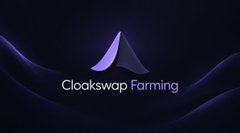 A dark purple and blue logo graphic for 'Cloakswap Farming' with a stylized geometric emblem on a flowing background.