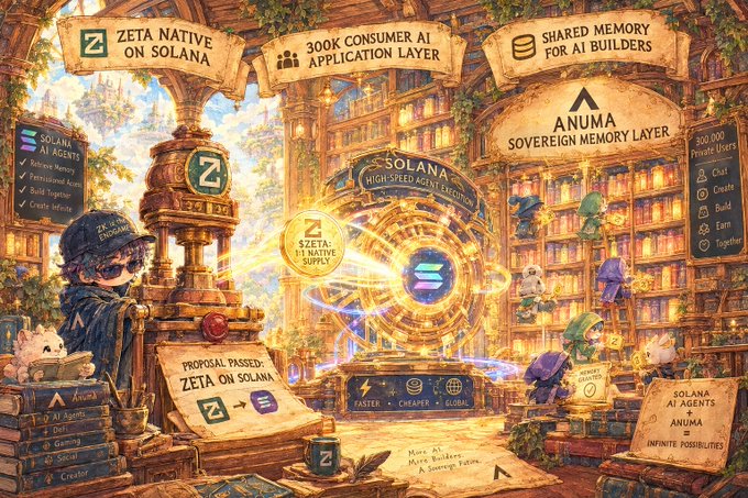 A fantasy-themed infographic promoting blockchain technology with banners reading 'ZETA NATIVE ON SOLANA', '300K CONSUMER AI APPLICATION LAYER', and 'SHARED MEMORY FOR AI BUILDERS', featuring central Solana and Anuma logos.