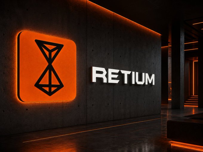 A dark, modern 3D render showing an illuminated orange logo next to the brand name 'RETIUM' on a concrete wall.