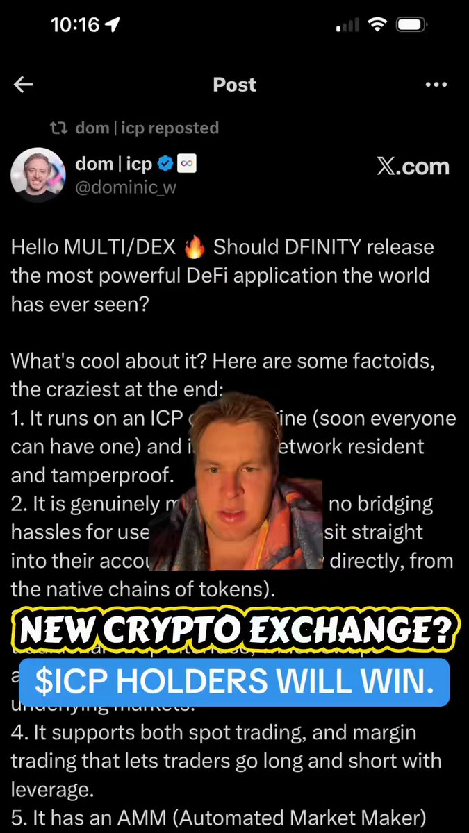 The image shows a post from a cryptocurrency exchange, which has been reposted by a user named @dominic_w. The post contains information about a new Cryptocurrency Exchange that will be launching soon. It also mentions that users can expect to see a new Cryptocurrency Exchange in the near future and that they should consider investing in it.