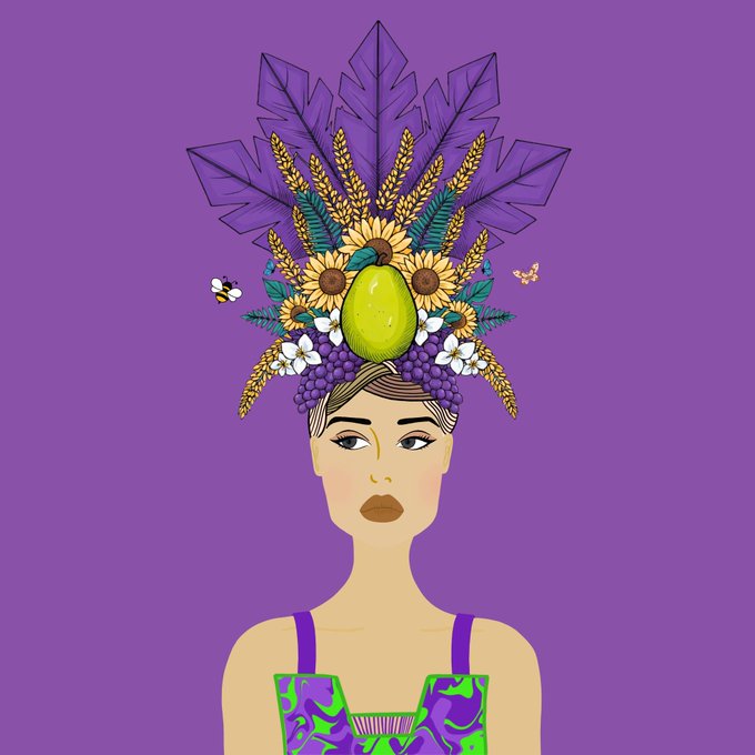 Stylized illustration of a woman wearing an elaborate headdress made of purple feathers, sunflowers, wheat stalks, grapes, and a large green fruit, set against a purple background.