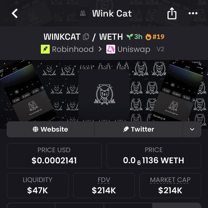 The image displays a token page for WINKCAT/WETH on Uniswap V2 via Robinhood, showing a price of $0.0002141, liquidity of $47K, FDV of $214K, and market cap of $214K. The post argues that if Flap emerges victorious from the Robinhood launchpad competition, WINKCAT could become Flap's flagship native meme token, drawing liquidity as attention consolidates around the winning launchpad.