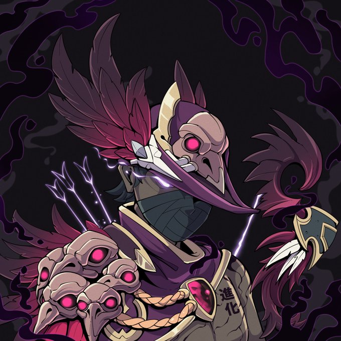 A hooded, skeletal archer with glowing pink eyes, adorned with animal skulls and a long beaked mask, draws a shadowy bow amid dark mist. The character's chest emblem bears the Japanese characters "進" and "化," fitting the "shadowy archer" theme of the upcoming Robinhood mint.