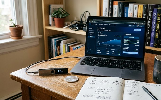 A desk setup featuring a MacBook Pro displaying a 'Landing Pad' chart for XRP, alongside a Ledger hardware wallet, a cryptocurrency coin, handwritten notes about XRP/EXRP bridges, and books like 'DeFi Revolution' and 'Mastering Ethereum'.