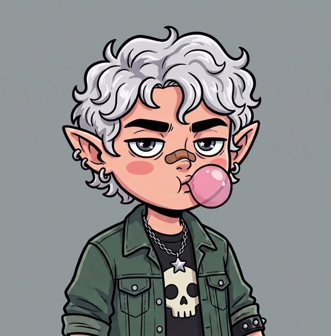 A cartoon-style illustration of an elf-like character with white curly hair, pointed ears, piercings, a band-aid on their nose, blowing a pink bubblegum bubble, wearing a green jacket over a black skull t-shirt and a star necklace.