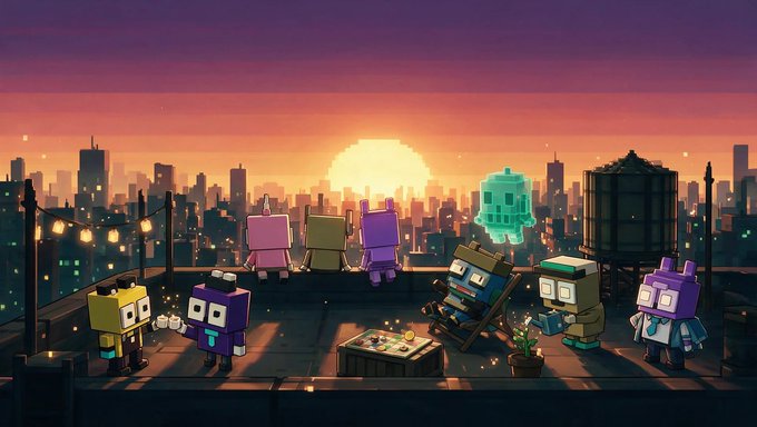 A digital artwork showing various pixelated/blocky robot and character figures on a rooftop at sunset overlooking a city skyline, with a glowing skull-like figure floating above them.