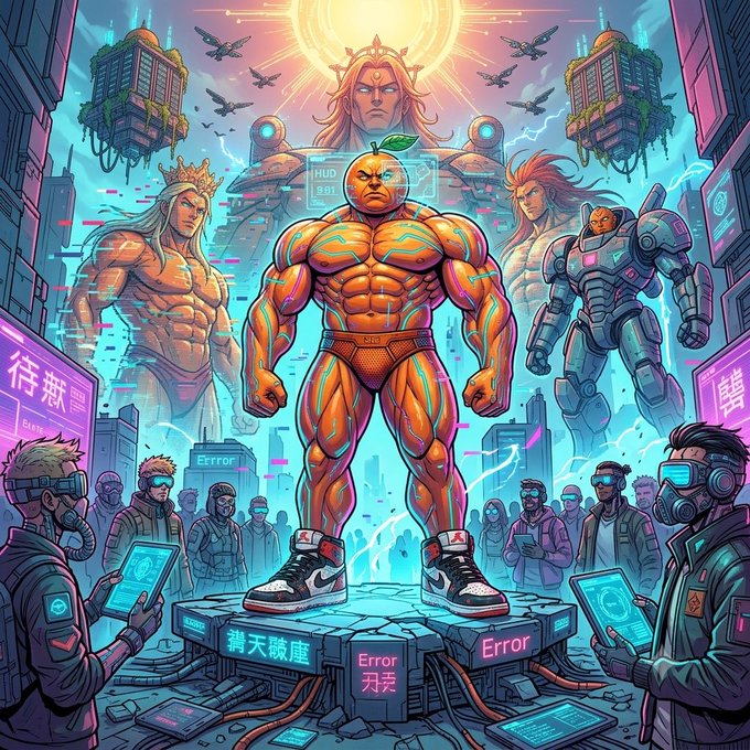 Vibrant cyberpunk-style AI illustration depicting a muscular orange fruit-headed character in sneakers standing on a high-tech platform labeled 'Error,' surrounded by armored warriors, drones, and a futuristic neon cityscape with Japanese text elements.