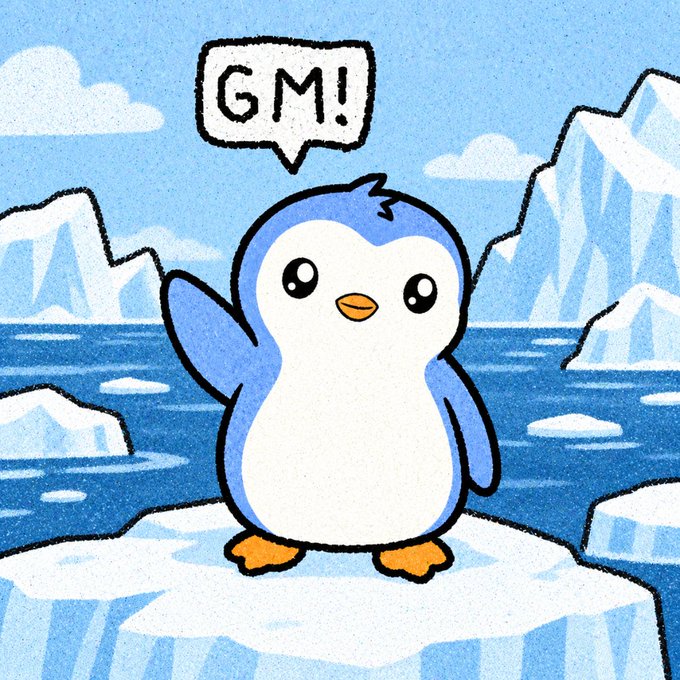 A cartoon penguin illustration standing on an iceberg in an arctic setting, waving with a speech bubble that reads 'GM!'.