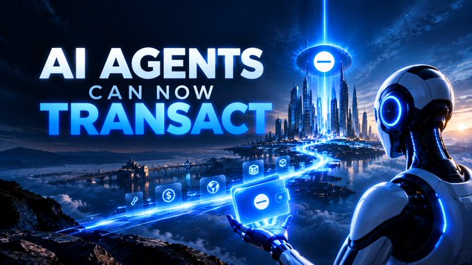 Futuristic promotional graphic with a robot holding a digital card, a glowing city skyline, and text reading 'AI AGENTS CAN NOW TRANSACT'.