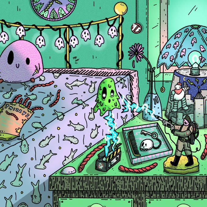 A whimsical, colorful illustration shows a child's bedroom featuring a green ghost, a bed with a fish-patterned blanket, a small figure with a ray gun, and ghost-shaped string lights.