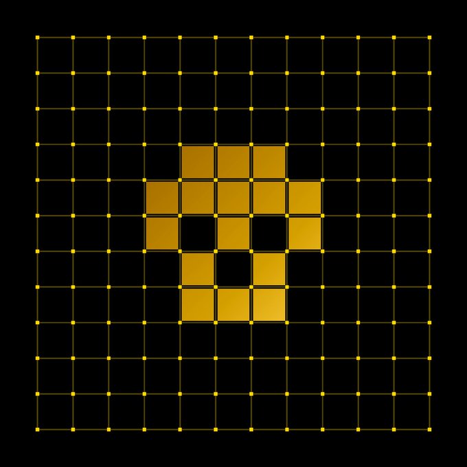 A pattern recognition puzzle on a grid showing a small pixel-art smiley face composed of yellow squares on a black background.