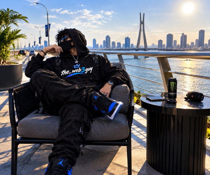 A person dressed in black streetwear with a hoodie, mask, and sunglasses sits in a chair on a waterfront terrace, wearing a shirt that says 'the_web3 guy' with a small crown logo, and Jordan sneakers, with a Monster energy drink on the side table.