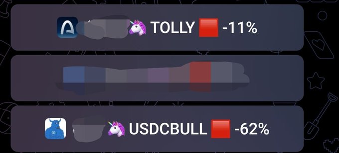 Trading chart showing TOLLY down 11% (red flag) and USDCBULL down 62% (red flag), with another entry blurred out.