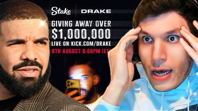 A YouTube thumbnail featuring Drake and a surprised young man, with text 'Stake DRAKE GIVING AWAY OVER $1,000,000 LIVE ON KICK.COM/DRAKE 8TH AUGUST 9:00PM (ET)'.