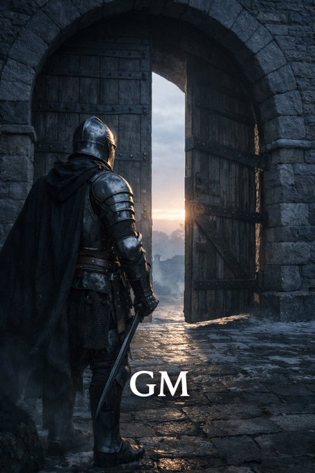 Image 5: An illustration of an armored knight with a sword and cape standing before an open stone gate at sunset, with the letters 'GM' overlaid on the image.