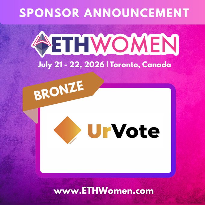 The image features a poster for an event called "ETH Women". It has a pink background with white text that reads "Sponsor Announcement" at the top, followed by "UrVote" below it. The poster also includes a small gold arrow pointing towards a square-shaped badge on the bottom right corner of the image. The badge is labeled "Bronze", and it says "URVote".