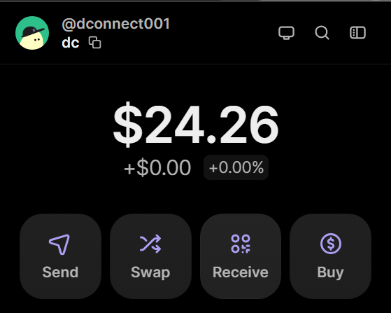 A mobile app screenshot showing a wallet balance of "$24.26" with a 0.00% change, belonging to user "@dconnect001" (dc). The post celebrating a small balance and thanking Moonpay suggests this is the result of a recent cryptocurrency purchase through the platform, likely a minimal test transaction to set up or verify the account.