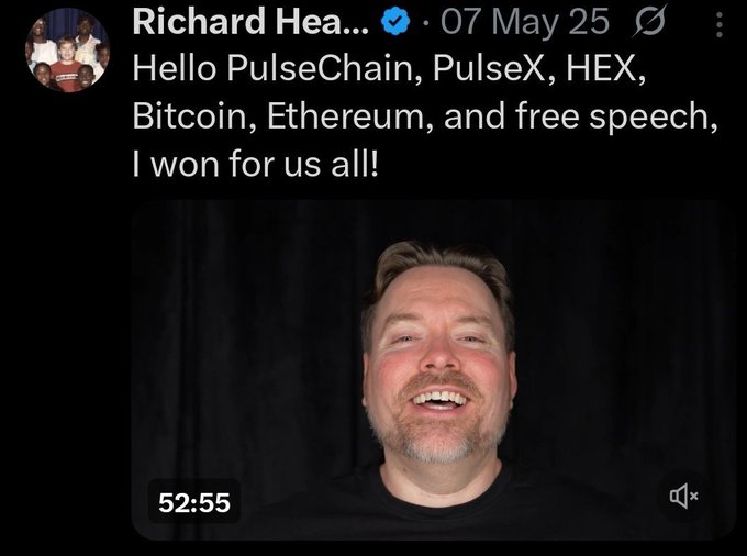 A social media post by Richard Heart dated '07 May 25' stating 'Hello PulseChain, PulseX, HEX, Bitcoin, Ethereum, and free speech, I won for us all!' with a smiling man below.
