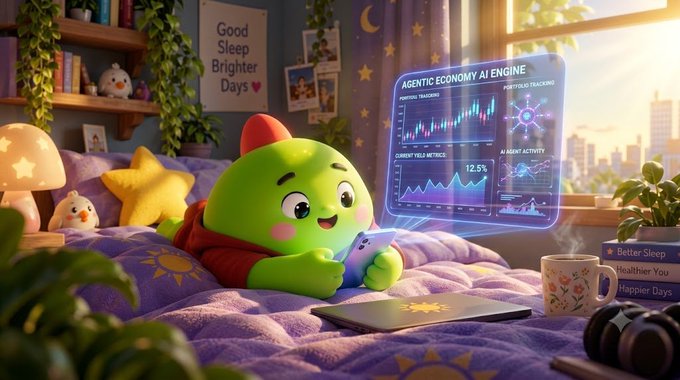 A cartoon green character wearing a red hoodie lies on a bed while using a smartphone, with a holographic display showing 'AGENTIC ECONOMY AI ENGINE' financial charts in a cozy bedroom.