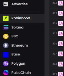 A dropdown menu listing cryptocurrency networks for advertising: Robinhood, Solana, BSC, Ethereum, Base, Polygon, and PulseChain.