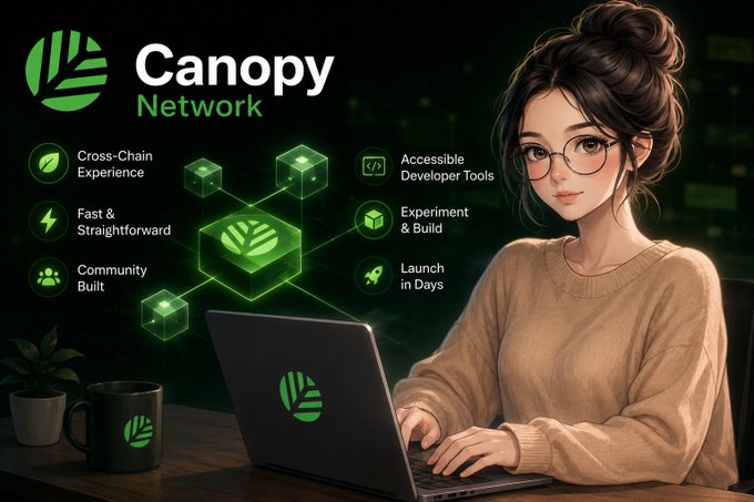 An anime-style illustration of a woman with a bun and glasses working on a laptop, alongside a 'Canopy Network' promotional graphic featuring features like 'Cross-Chain Experience,' 'Fast & Straightforward,' 'Community Built,' 'Accessible Developer Tools,' 'Experiment & Build,' and 'Launch in Days.'