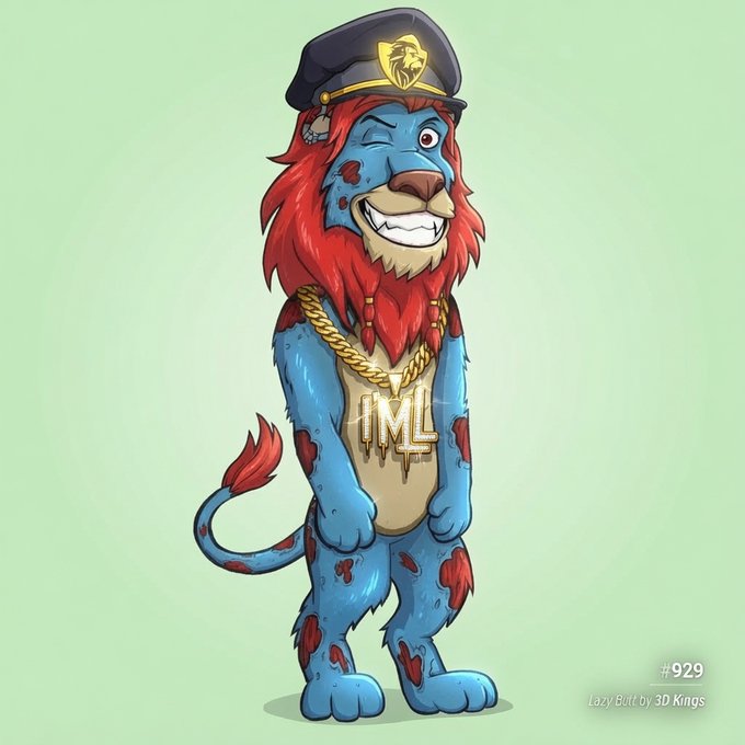 Digital illustration of a blue lion with a red mane wearing a black cap and gold 'IML' chain, credited as 'Lazy Bott by 3D Kings (#929)'.