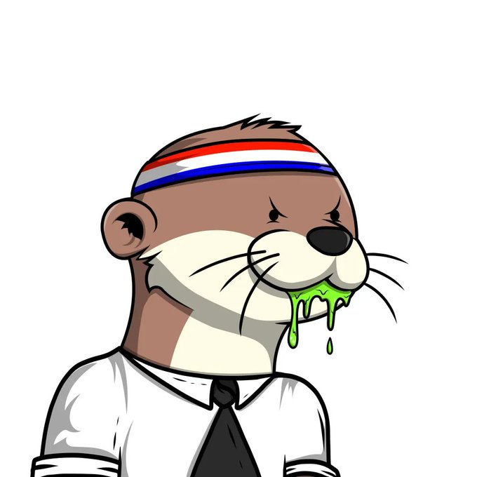 A cartoon otter mascot with a red-white-blue headband, wearing a white shirt and black tie, dripping green liquid from its mouth.