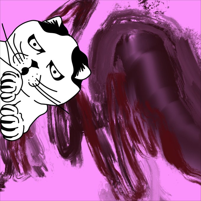 A cartoon black and white cat face illustration overlaid on a pink backdrop featuring dark, expressive brush strokes.