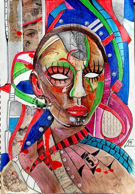 Vibrant mixed-media portrait artwork featuring a stylized female face with closed eyes, surrounded by colorful abstract shapes in red, blue, and green, with collage elements including vintage text fragments.