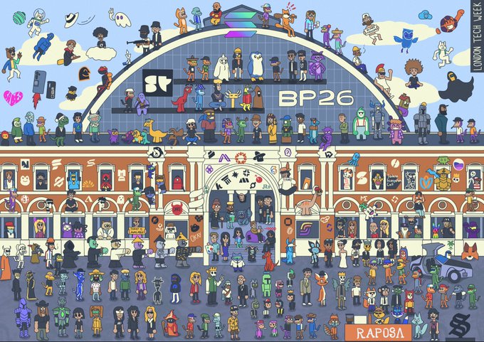 The image features a large cartoon drawing of a building with many people inside, surrounded by various objects such as cars and bicycles. The text in the image reads "Find Wally and @SuperteamUK during @LDNTechWeek to learn about all things Solana and for a chance to win prizes including free Breakpoint tickets". This suggests that there is an event or competition related to Solana, where people can participate by finding a specific character named Find Wally. The post also mentions the hashtag #PondermanNFT, which could be related to the drawing of the building or possibly another event happening in the area.