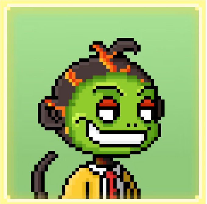 A pixel art illustration of a green-skinned, grinning monkey character with orange streaks in its dark hair, wearing a yellow jacket and red tie against a light green background. The image serves as the MonkeyHood NFT profile picture, referencing Robinhood's branding through a playful monkey mascot.
