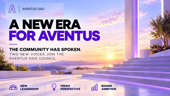 A promotional banner for 'Aventus DAO' announcing 'A NEW ERA FOR AVENTUS' with two new council members, set against a sunset background.