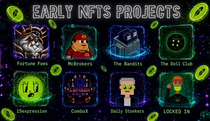 A collage titled 'EARLY NFTS PROJECTS' displays eight NFT collections including Fortune Foes, McBrokers, The Bandits, The Doll Club, 15expression, ComboX, Daily Stonkers, and LOCKED IN.