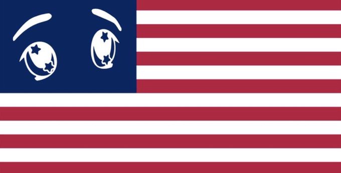 A flag-like design featuring red and white horizontal stripes with a blue canton containing two large eyes with star-shaped pupils, resembling a personified American flag.